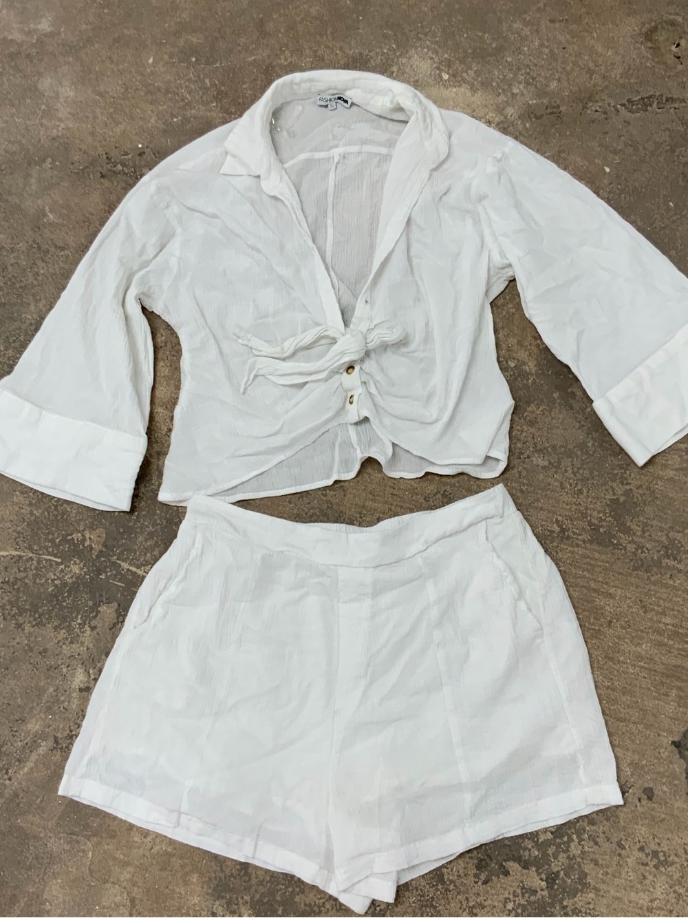 White Linen Blend Short Set Button Top - Lightweight Fashion Nova Cotton Shirt
